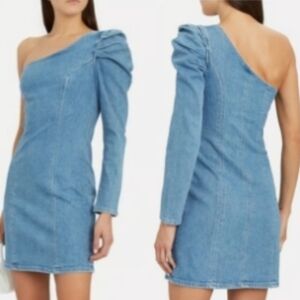 GRLFRND Ellie One Shoulder Puffy Denim Mini Dress Bodycon Blue XS